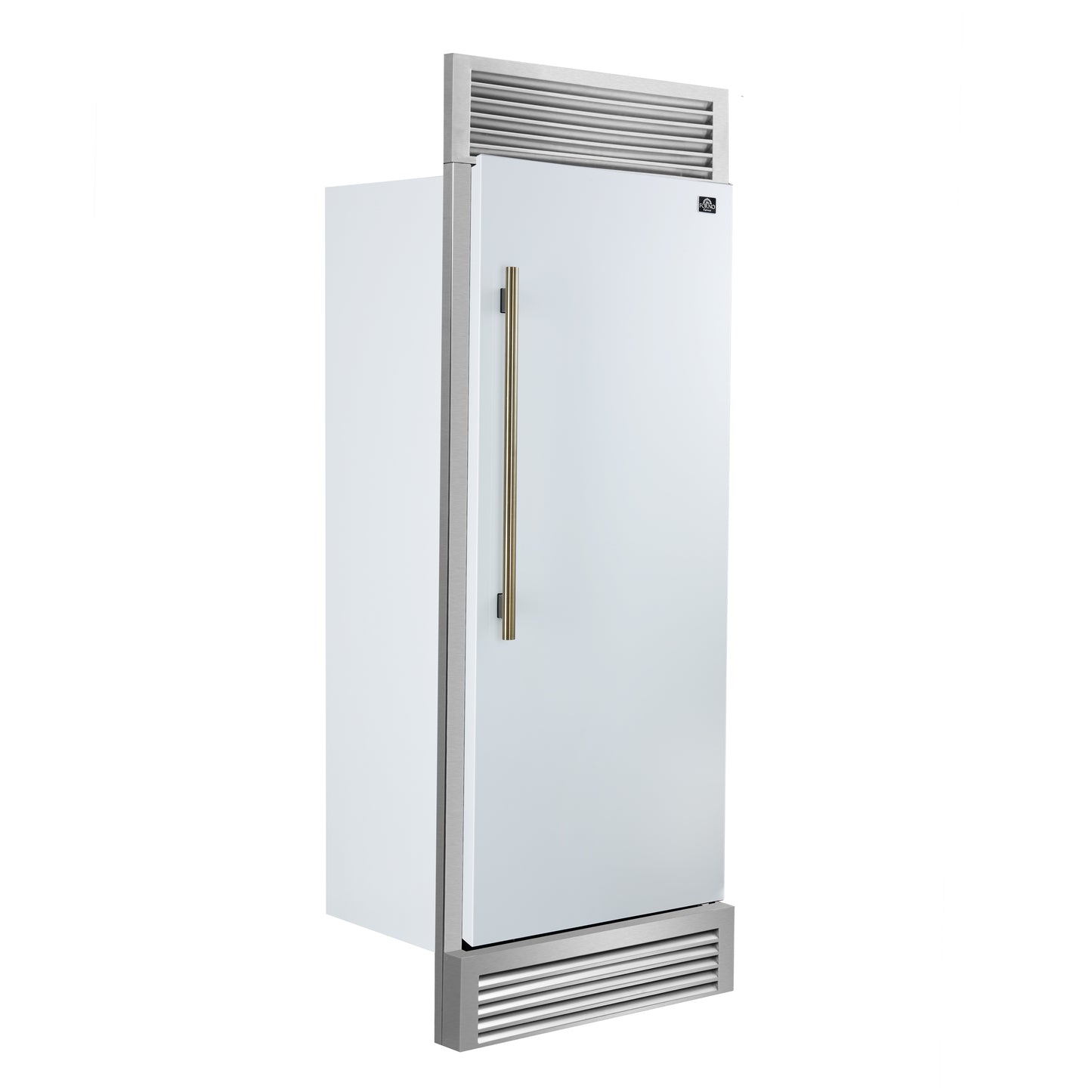 Forno Maderno 28-Inch Built-In Convertible Refrigerator in White with Antique Brass Handle, 13.6 cu.ft. Right Swing with Decorative Trim - 32-Inch Wide