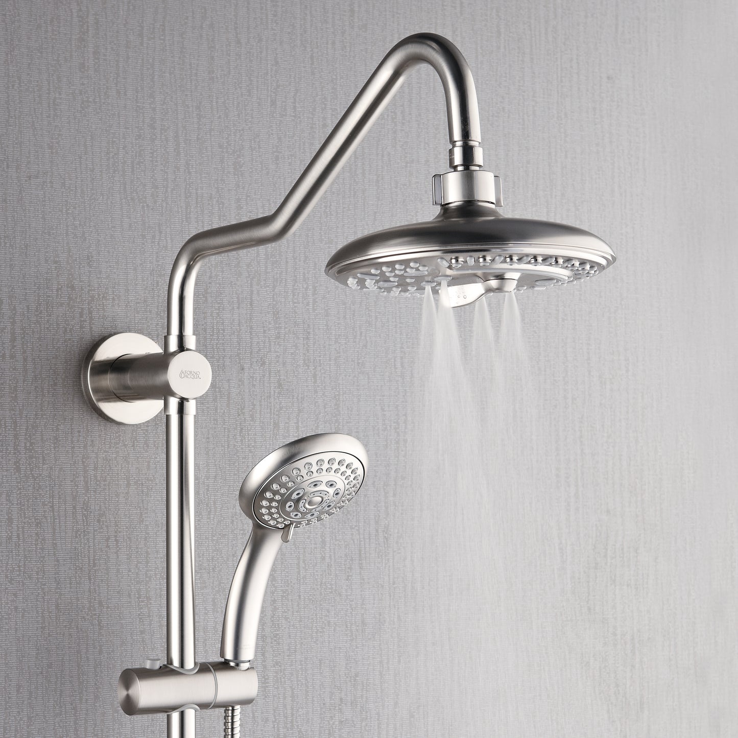 Forno Acqua AcquaSPA Retrofit Shower, Overhead Rainfall, 8 Inch Shower Head, Handheld Shower Head, Body Jets, 6 Way Diverter, Brushed Nickel Finish, 1.8 GPM Flow Rate