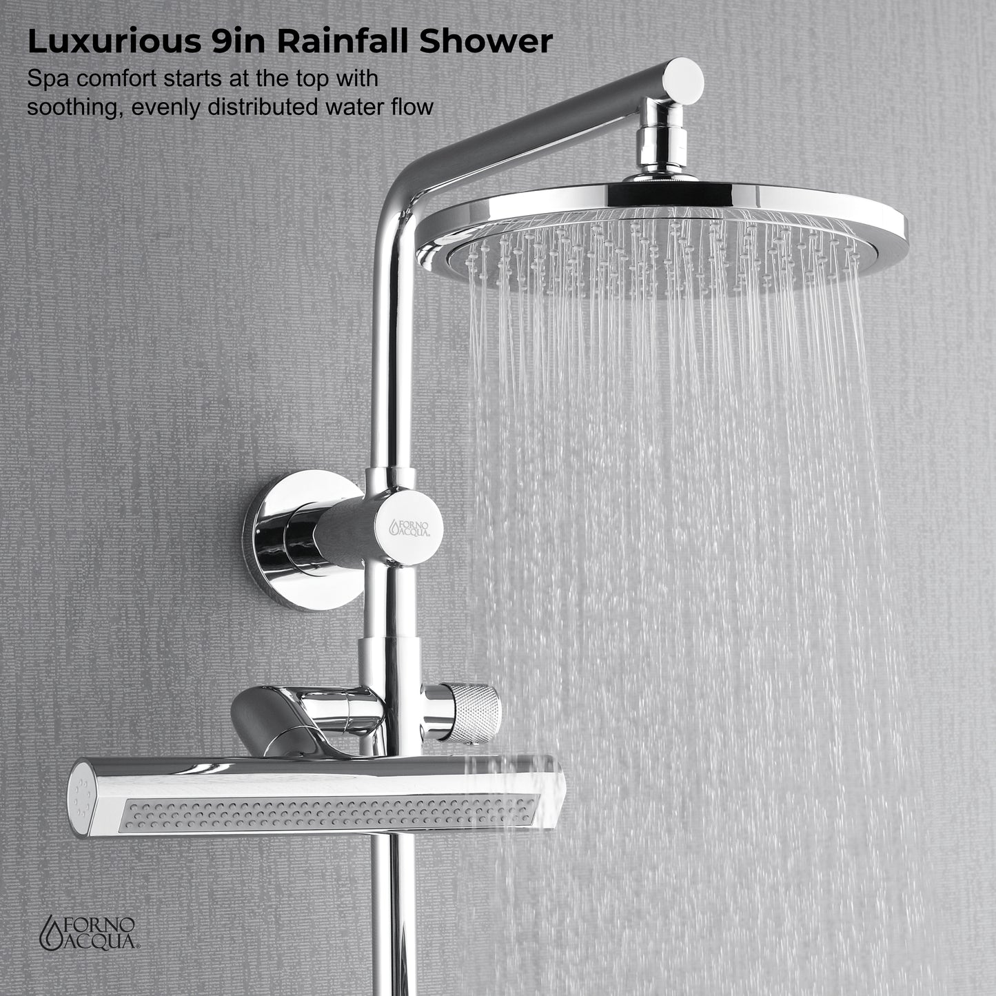 Forno Acqua AcquaFALL Shower, Polished Stainless Steel Finish, Overhead Rainfall Shower, Handheld Shower Head, Body Jets, 1.8 GPM Flow Rate