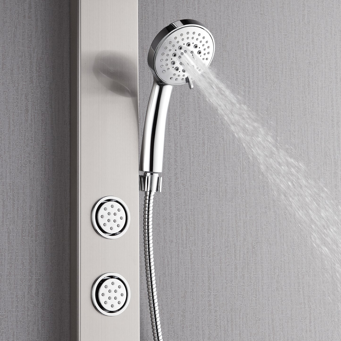 Forno Acqua AcquaSPA Shower Panel in Stainless Steel, Overhead Rainfall Shower, Handheld Shower Head, Body Jets, 6 Way Diverter, 2.5 GPM Flow Rate