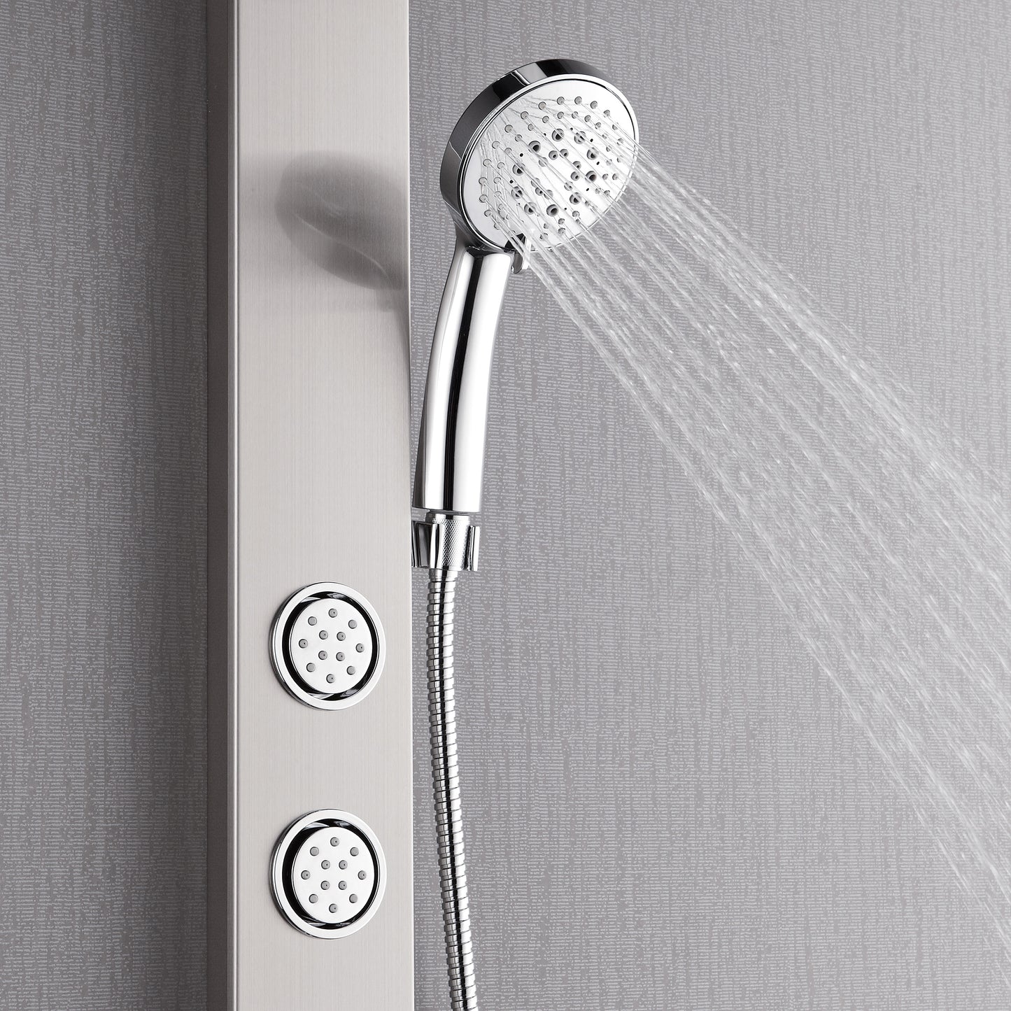 Forno Acqua AcquaSPA Shower Panel in Stainless Steel, Overhead Rainfall Shower, Handheld Shower Head, Body Jets, 6 Way Diverter, 2.5 GPM Flow Rate