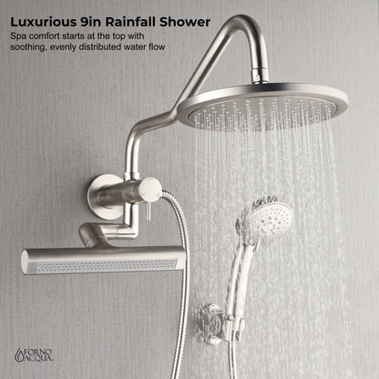 Forno Acqua AcquaFALL Mini Shower Head, Brushed Nickel Finish, Overhead Rainfall Shower, 7 Way Diverter, Handheld Shower Head, Body Jets, 2.5 GPM Flow Rate
