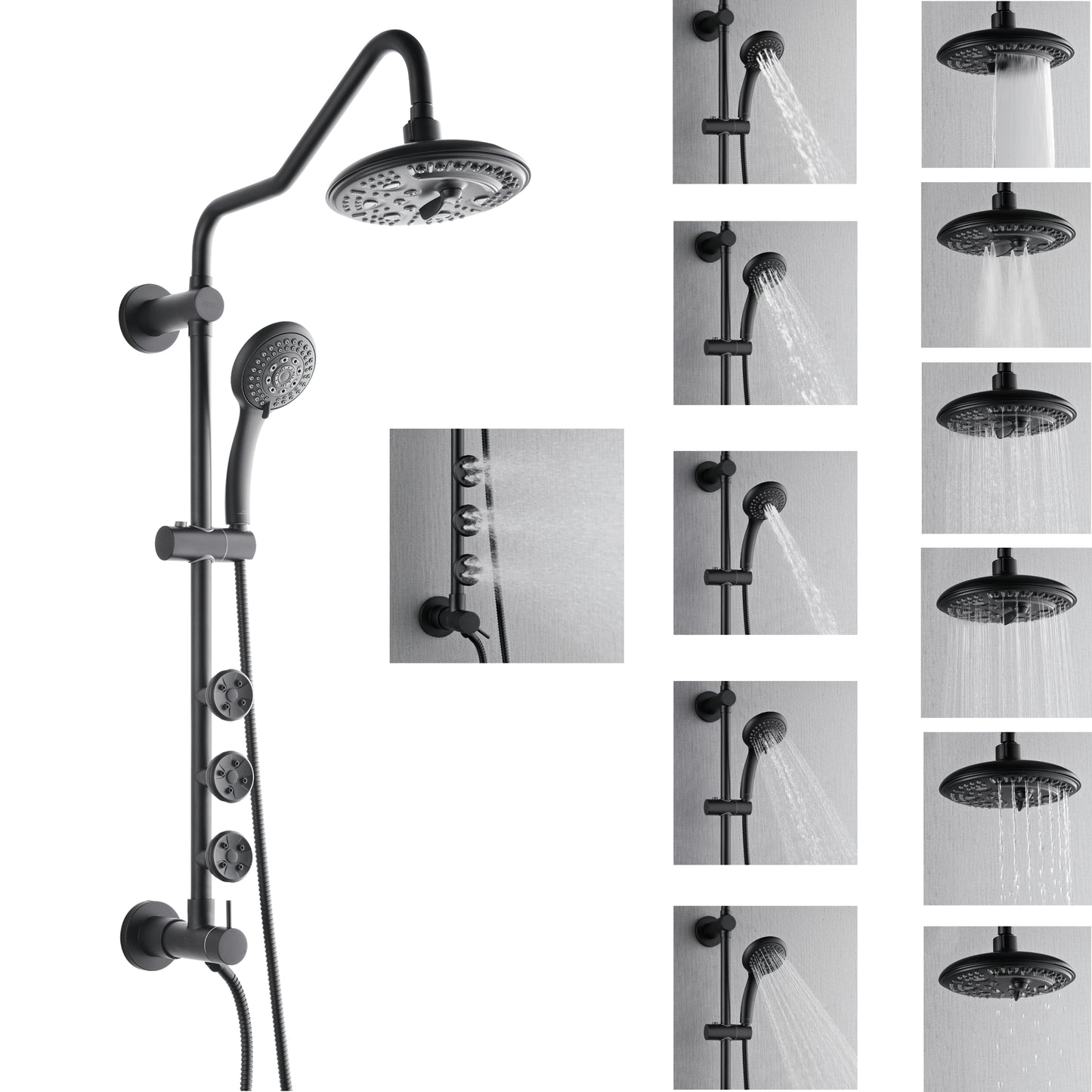 Forno Acqua AcquaSPA Retrofit Shower, Overhead Rainfall, 8 Inch Shower Head, Handheld Shower Head, Body Jets, 6 Way Diverter, Matte Black Finish, 1.8 GPM Flow Rate