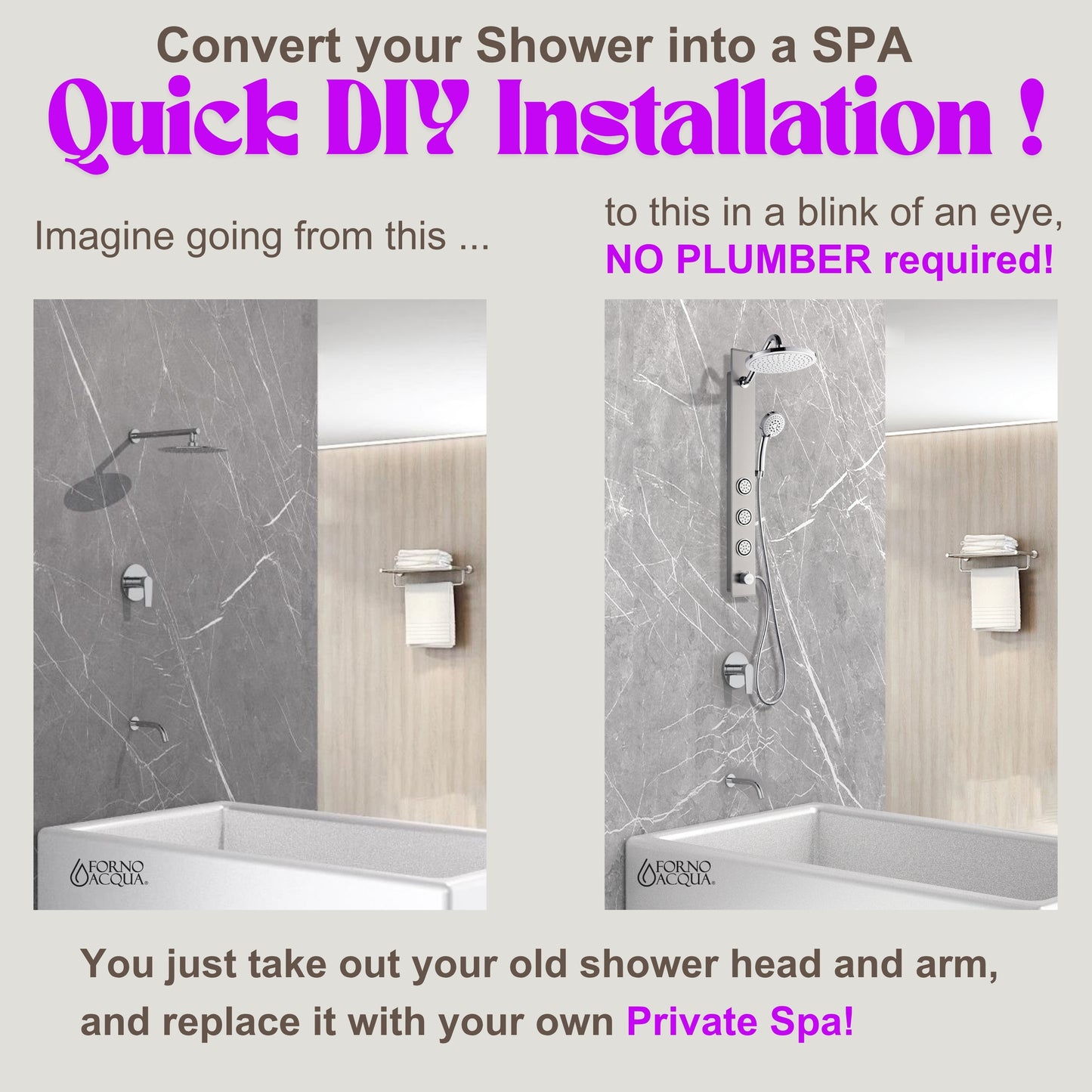 Forno Acqua AcquaSPA Shower Panel in Stainless Steel, Overhead Rainfall Shower, Handheld Shower Head, Body Jets, 6 Way Diverter, 2.5 GPM Flow Rate