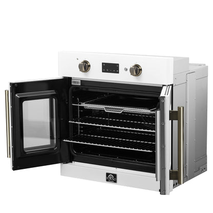 Forno Asti 30-Inch French Door Electric Wall Oven in White & Antique Brass, 3.68 cu. ft. True Convection, 3,600W, Air Fry, Sous Vide, Self-Clean