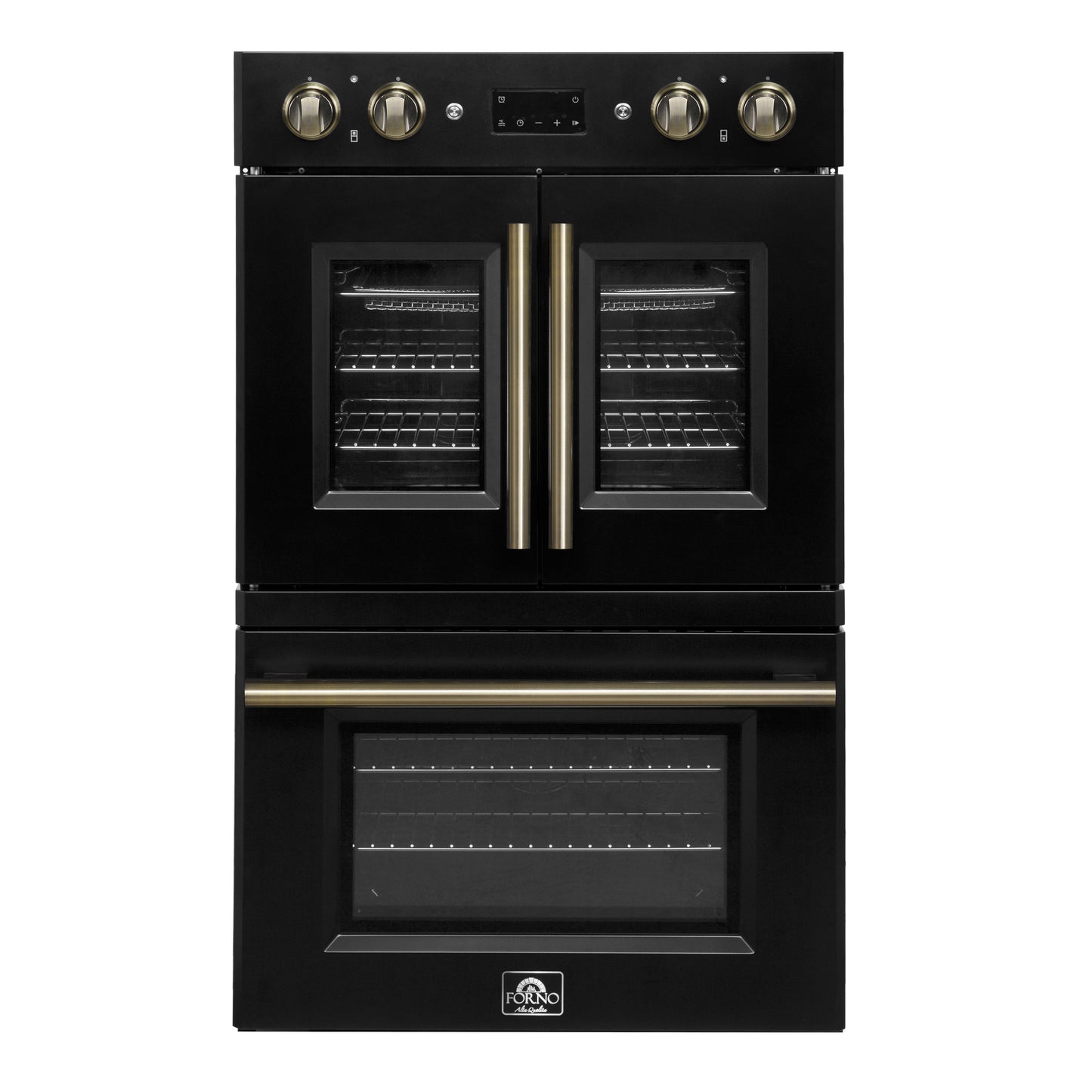 Forno Asti 30-Inch Double Electric Wall Oven with Upper French Doors in Black & Antique Brass, 7.36 cu. ft. Dual True Convection, 7,200W, Air Fry, Sous Vide, Self-Clean
