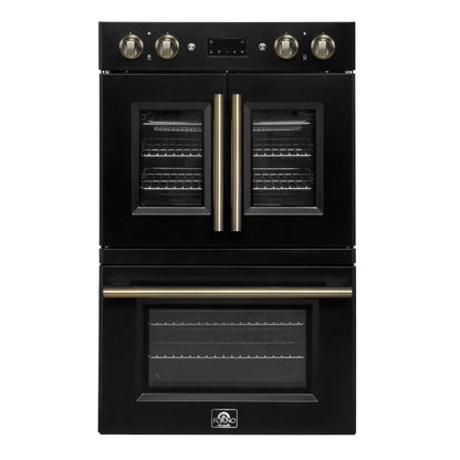 Forno Asti 30-Inch Double Electric Wall Oven with Upper French Doors in Black & Antique Brass, 7.36 cu. ft. Dual True Convection, 7,200W, Air Fry, Sous Vide, Self-Clean