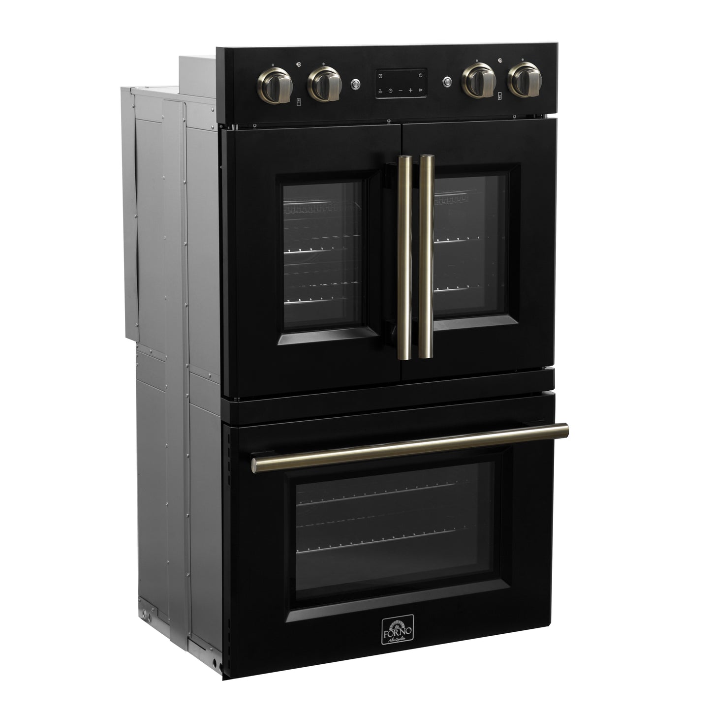 Forno Asti 30-Inch Double Electric Wall Oven with Upper French Doors in Black & Antique Brass, 7.36 cu. ft. Dual True Convection, 7,200W, Air Fry, Sous Vide, Self-Clean
